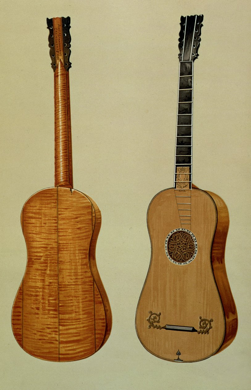 Guitarra feita por Antonio Stradivarius (c.1644-1737), de &39;Instrumentos Musicais&39; (litografia colorida) de Alfred James Hipkins