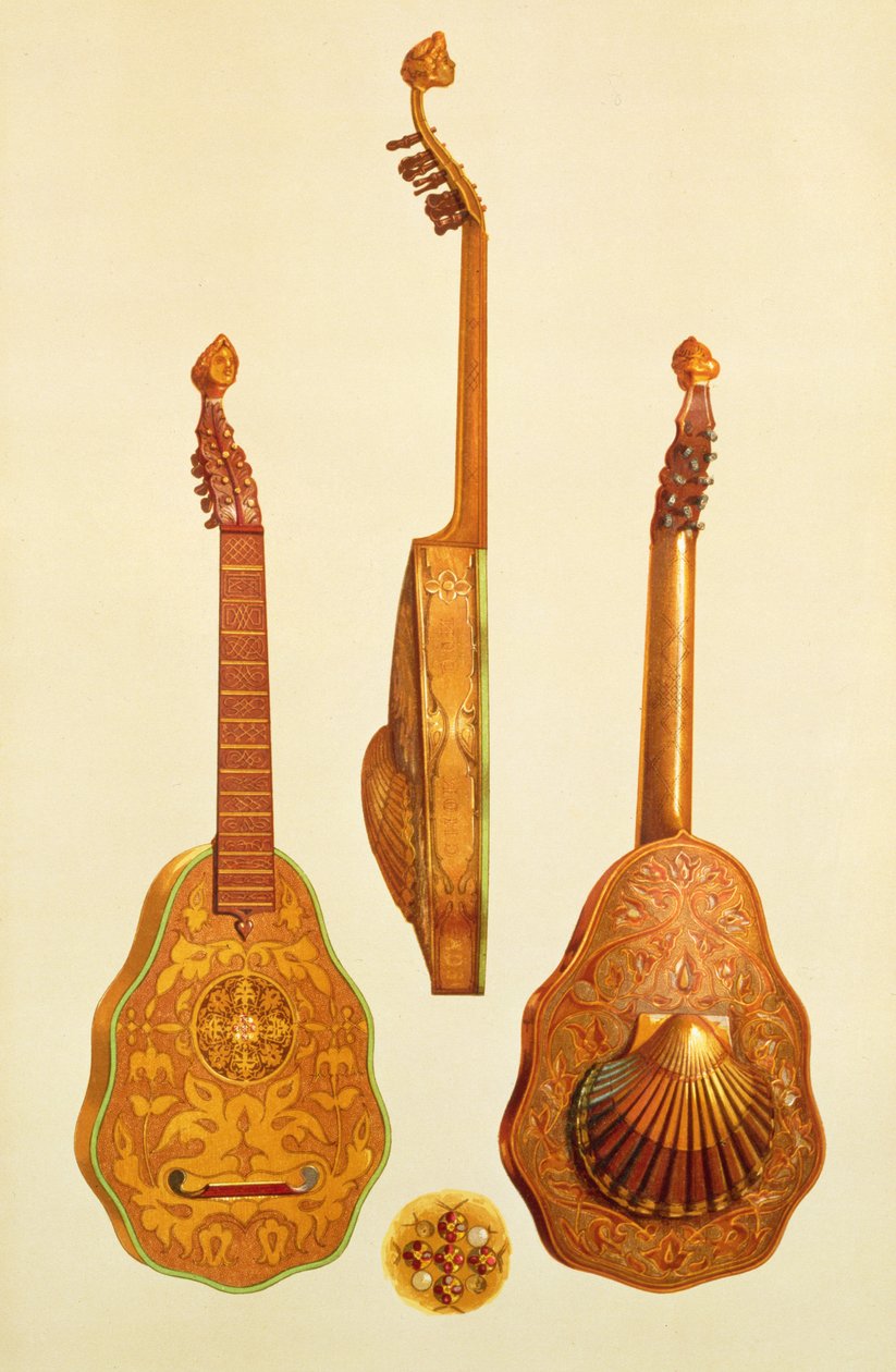 Rainha Elizabeth Eu alaúde por John Rose, 1580, de &39;Instrumentos Musicais&39; por (lito colorido) de Alfred James Hipkins