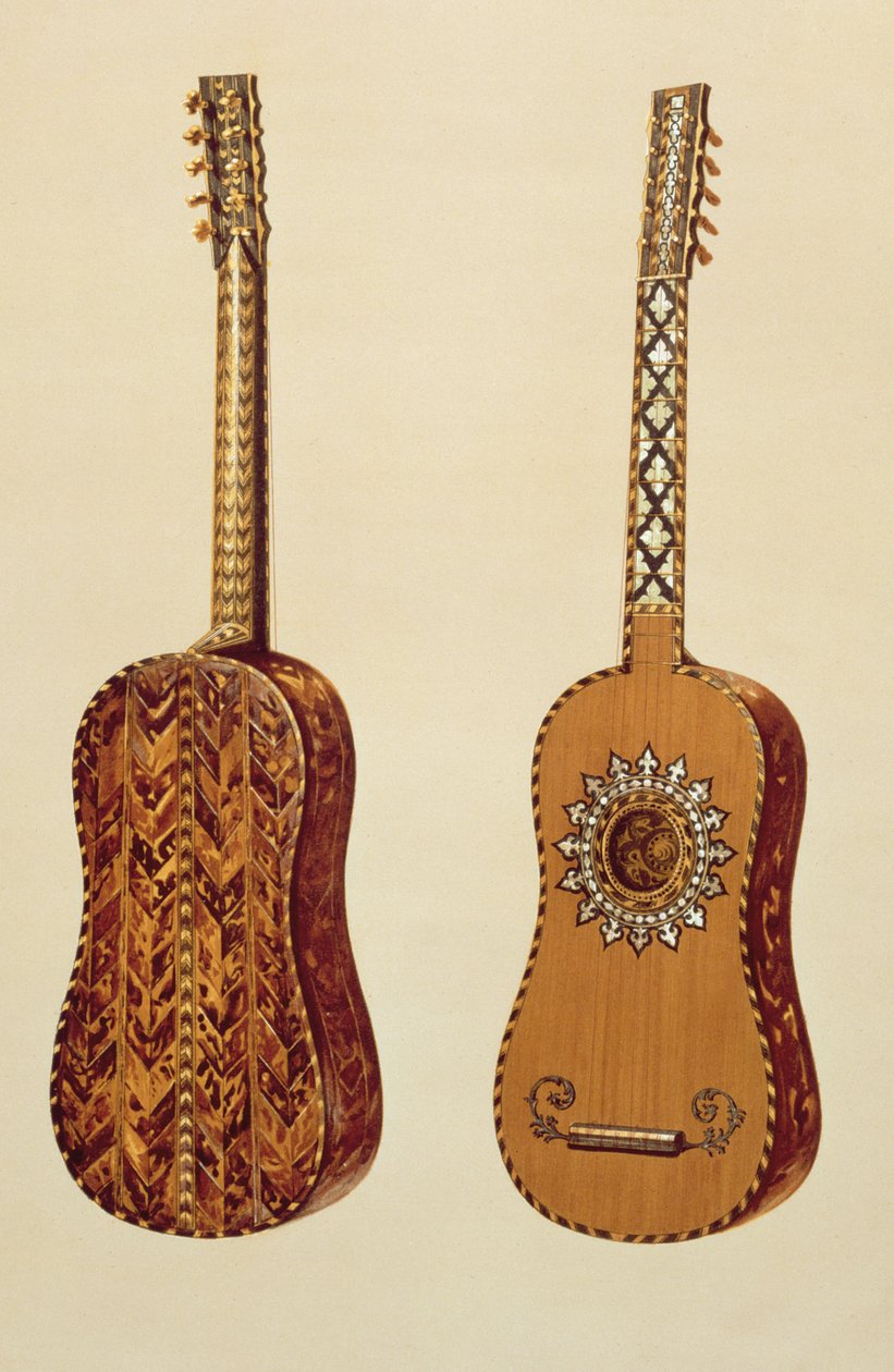 Guitarra Rizzio, de &39;Instrumentos Musicais&39; (litografia colorida) de Alfred James Hipkins