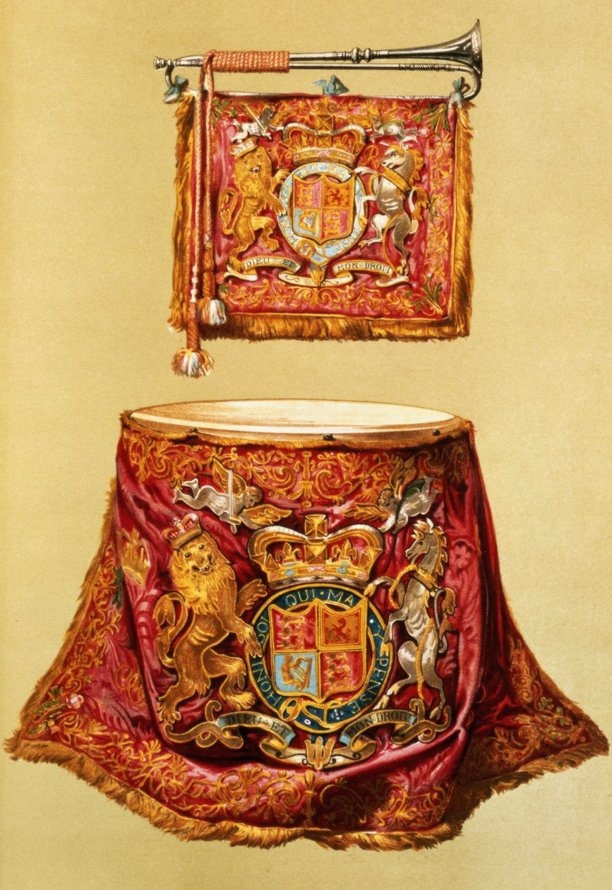 Trompete de estado, provavelmente George III, e kettledrum, com armadilhas de estado, de &39;Instrumentos Musicais&39; (litografia colorida) de Alfred James Hipkins
