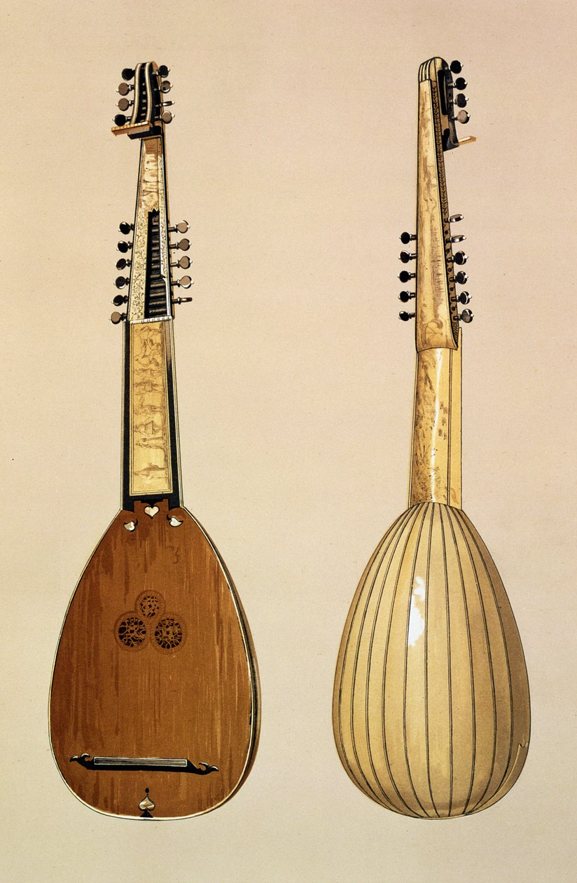 Theorbo, feito por Giovanni Krebar, Padua, 1629, de &39;Instrumentos Musicais&39; por (lito colorido) de Alfred James Hipkins