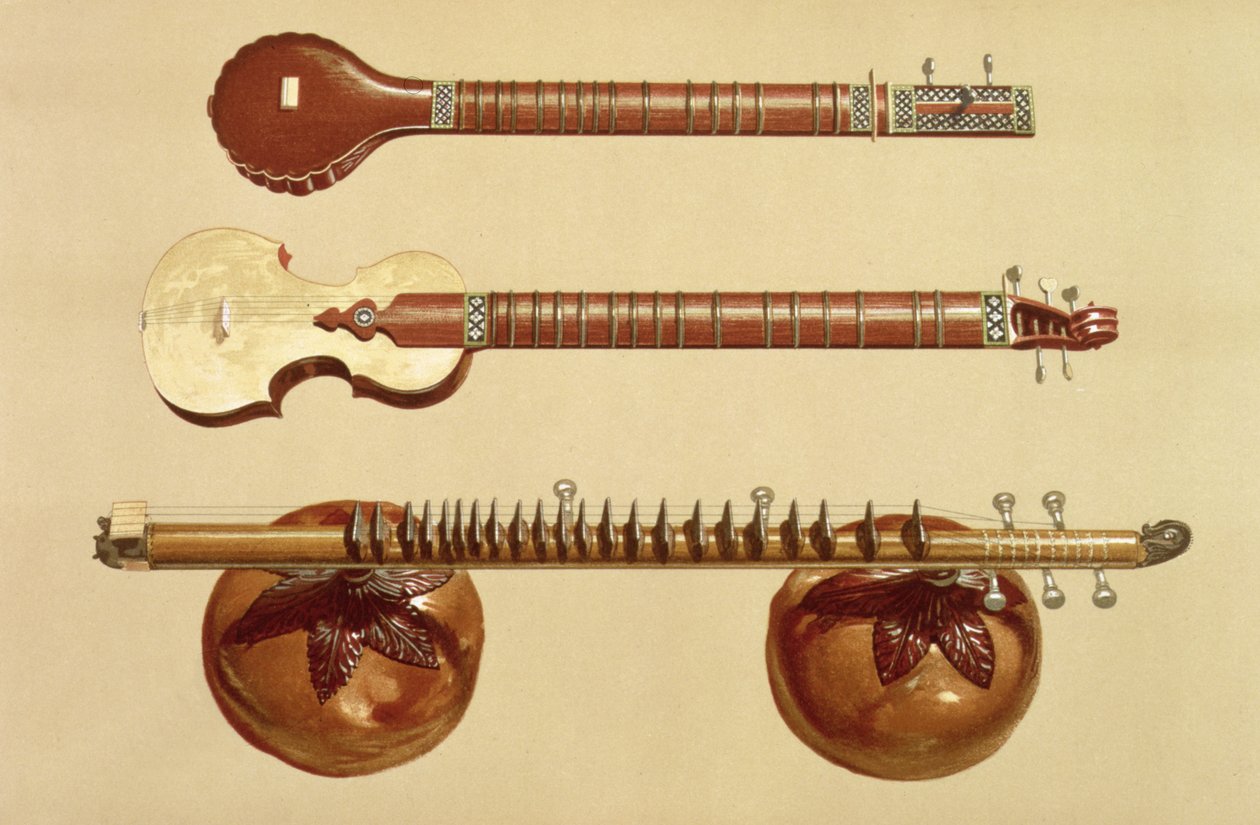 Dois sitars e um rudra vina, indiano, de &39;Instrumentos musicais&39; (litografia colorida) de Alfred James Hipkins