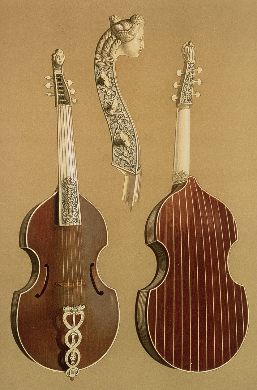 Viola da Gamba, ou violão baixo, de Joachim Tielke (1641-1719) Hamburgo, 1701, de &39;Instrumentos Musicais&39; (litografia colorida) de Alfred James Hipkins