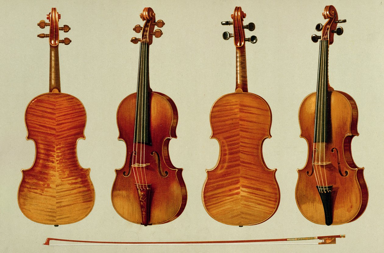 Violins (LtoR): o &39;Alard&39; de Antonio Stradivarius (c.1644-1737) 1715, e o &39;King Joseph&39; de Giovanni Guarneri &39;del Gesu&39; (d.1744) de &39;Instrumentos Musicais&39; (litografia colorida) de Alfred James Hipkins