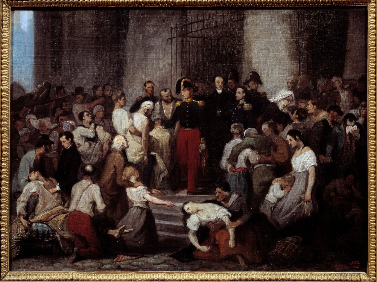 O duque de Orleans visitando os doentes do hotel dieu durante a epidemia de cólera de Alfred Johannot