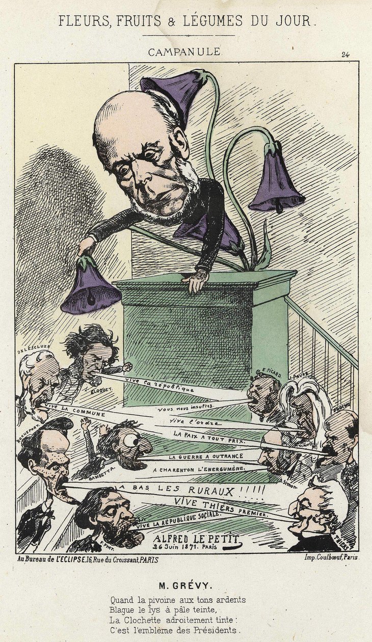 Bellflower: caricatura em Grévy - ill. du 26/06/1871 por Alfred Le Petit, em "Fleurs, Fruits et Vegetables du Jour" (Fleurs, Fruits et Vegetables du Jour) de Alfred Le Petit