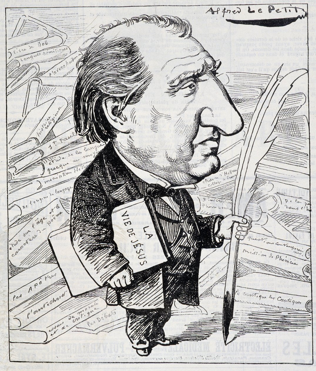 Desenho animado por Ernest Renan com "A Vida de Jesus" sob o braço - em "Le Charivari" de 11/07/1883. de Alfred Le Petit