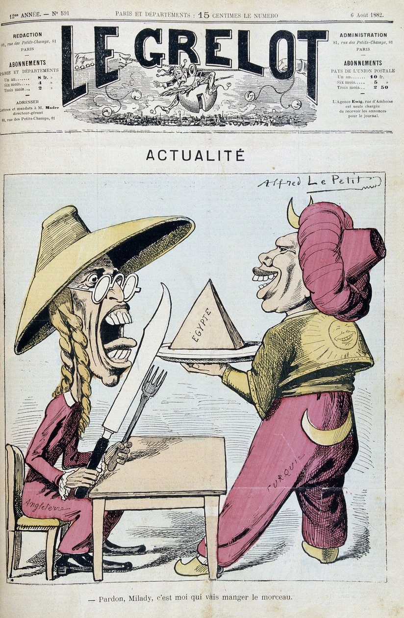 Desenho animado sobre a disputa entre Turquia e Inglaterra pelo Egito - por Alfred Le Petitty, em "Le Grelot" de 08/06/1892 de Alfred Le Petit