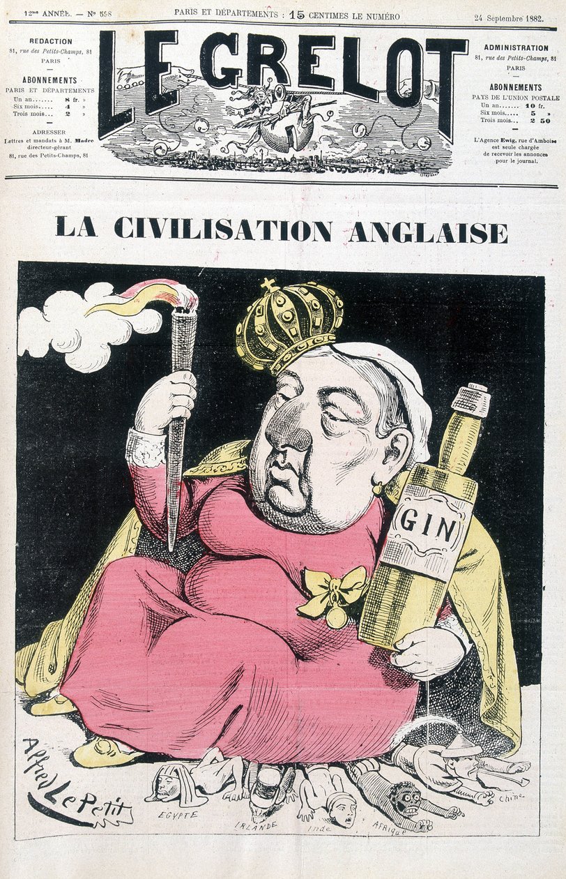 A civilização inglesa: Victoria, uma garrafa de gin na mão, sentada no Egipto, Irlanda, Índia, África e China - por Alfred Le Petitty, em "Le Grelot" de 24/09/1882 de Alfred Le Petit