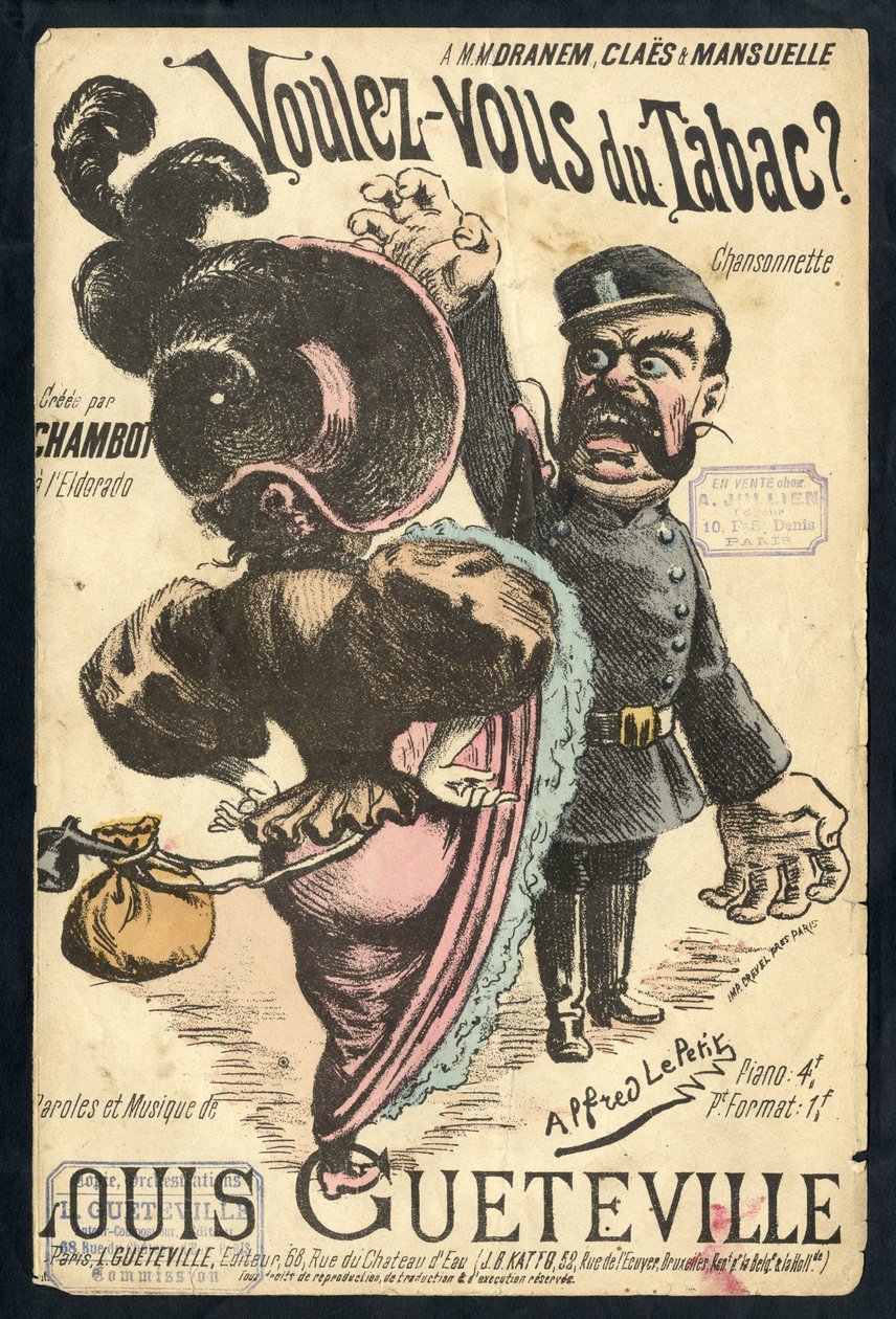 Ilustração de Alfred Le Petité (1841-1909) em "Chanson illustree", cerca de 1900 - Vouvous du tabac. Louis Gueteville - Fumar, Tabaco de Alfred Le Petit