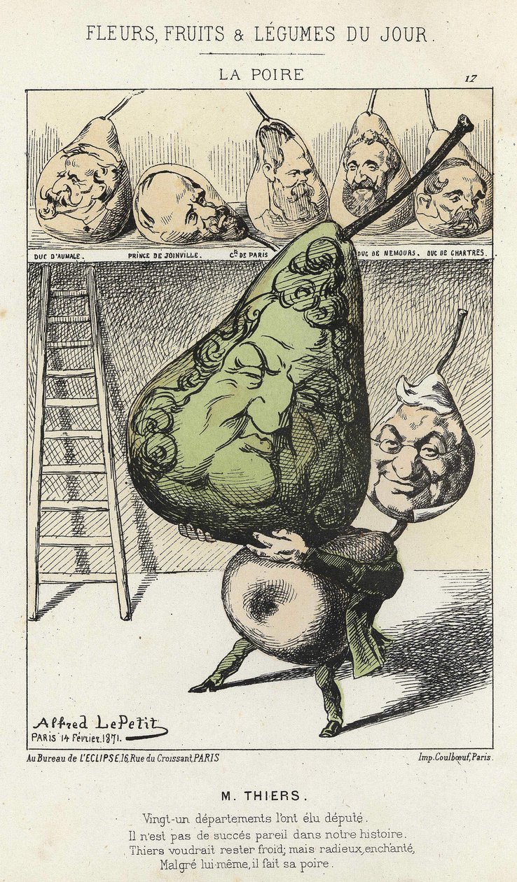 La Peire: Cartoon on Thiers - ill. from 14/02/1871 by Alfred Le Petitty, in "Flores, Frutas e Legumes do Dia". de Alfred Le Petit