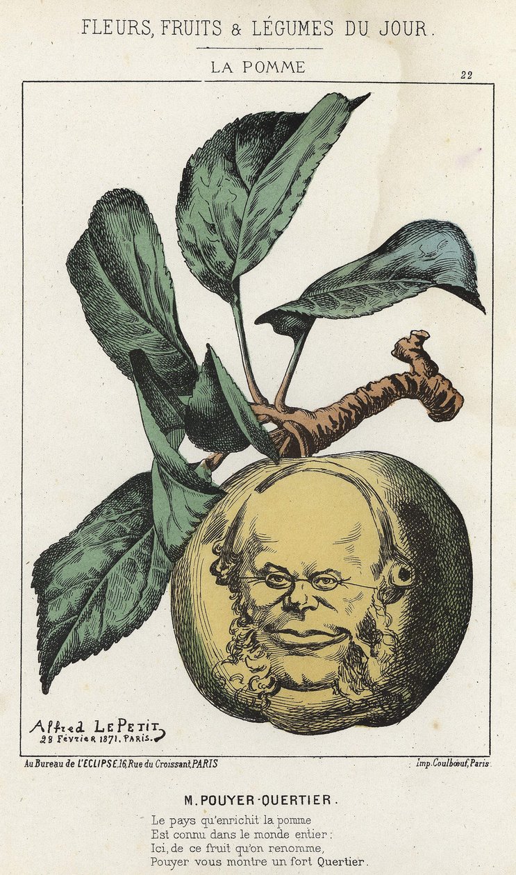 La Pomme: caricatura em Pouyer Quertier (Pouyer-Quertier) - doente de 28/02/1871 em "Flores, Frutas e Legumes do Dia". de Alfred Le Petit