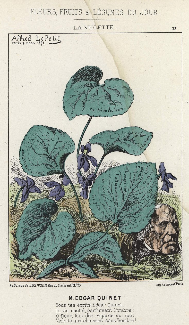 La Violette: Desenho animado sobre Edgar Quinet - doente de 03/09/1871 em "Flowers, Fruits and Vegetables du Jour" (Flores, Frutas e Legumes do Jour) de Alfred Le Petit