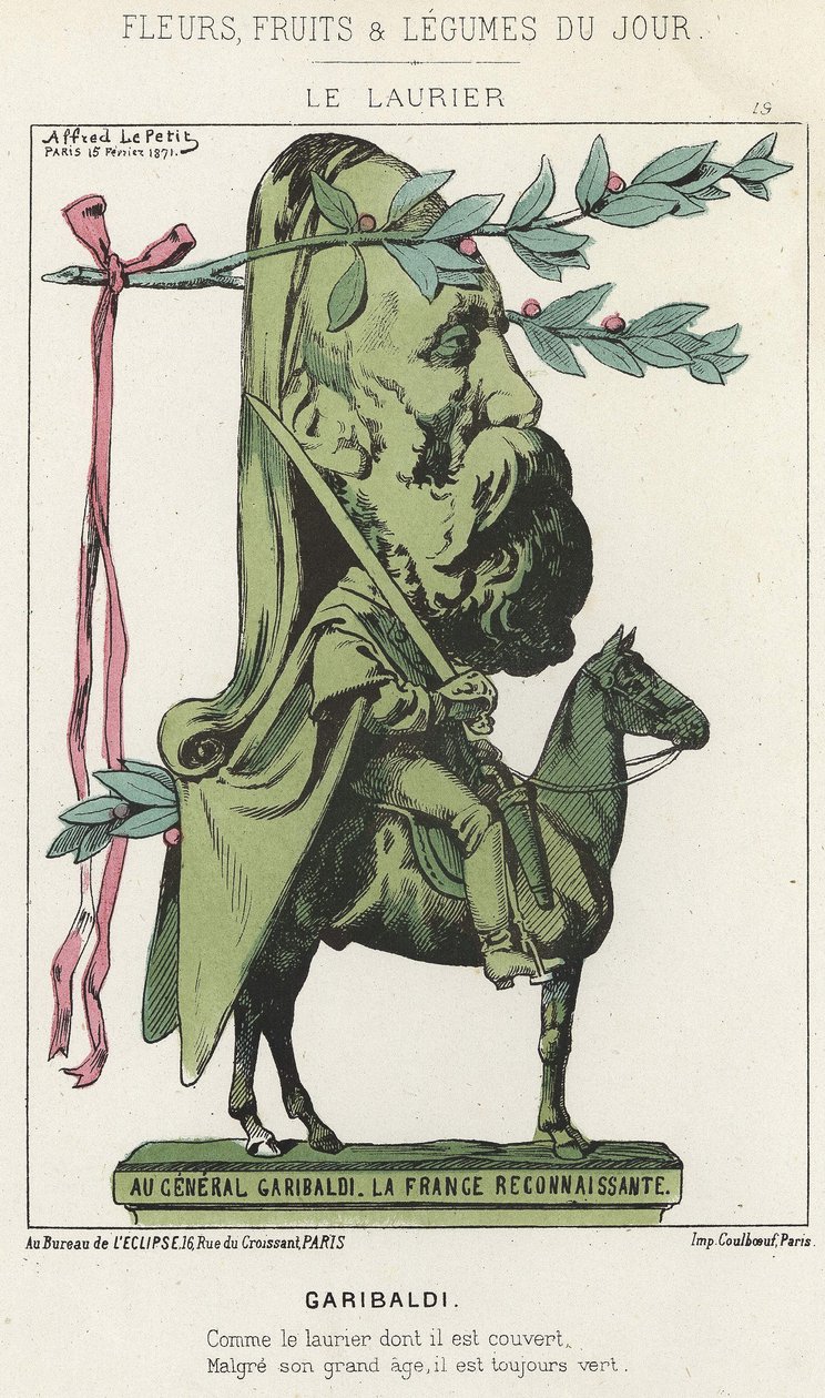 Le Laurier: Desenho animado sobre Garibaldi - doente. de 15/02/1871 em "Flores, Frutas e Legumes do Dia". de Alfred Le Petit