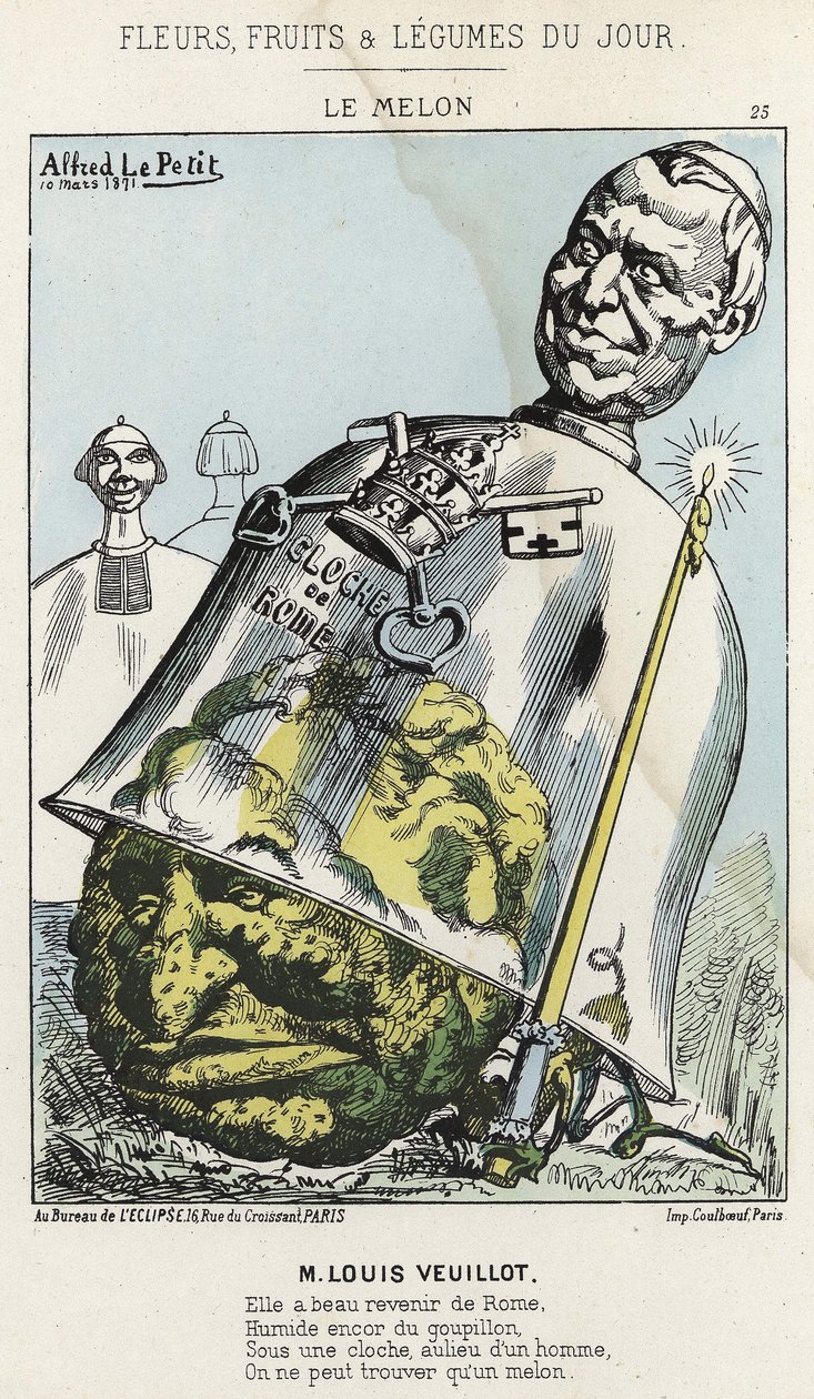 Le Melon: Desenho animado sobre Louis Veuillot - doente. de 10/03/1871 em "Flowers, Fruits and Vegetables du Jour" (Flores, Frutas e Legumes do Jour) de Alfred Le Petit