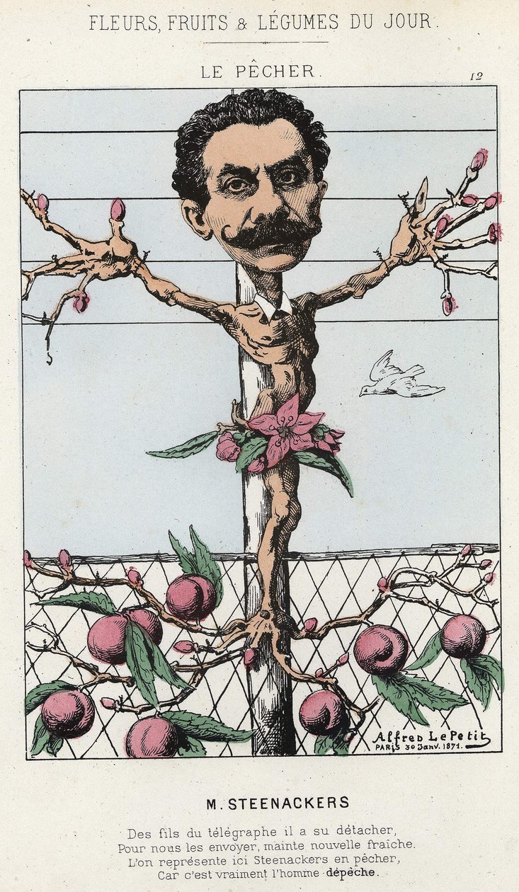 Le Pêcher: Cartoon on Steenackers - ill. from 30/01/1871 in " Flores, Fruits and Vegetables of the Day" (Flores, Frutas e Legumes do Dia) de Alfred Le Petit