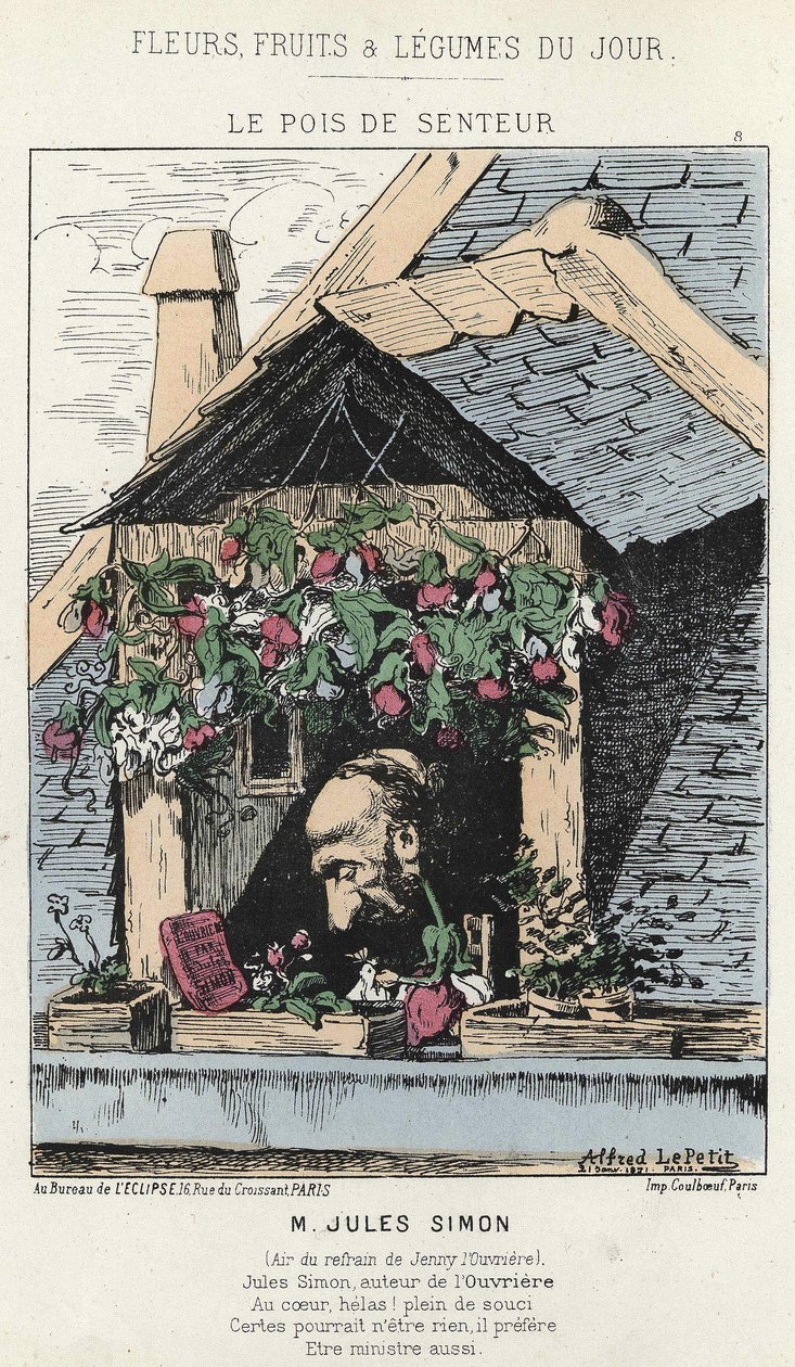 Le Peas de Fragreur: caricatura sobre Jules Simon (1814 - 1896) - doente de 12/01/187 em "Flores, Frutas e Legumes do Dia". de Alfred Le Petit