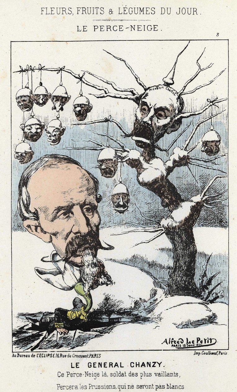 Le Perce-Neige: caricatura sobre o General Antoine Alfred Eugène Chanzy (1823 - 1883) - doente de 15/01/1871 em "Flores, Frutas e Legumes do Dia". de Alfred Le Petit