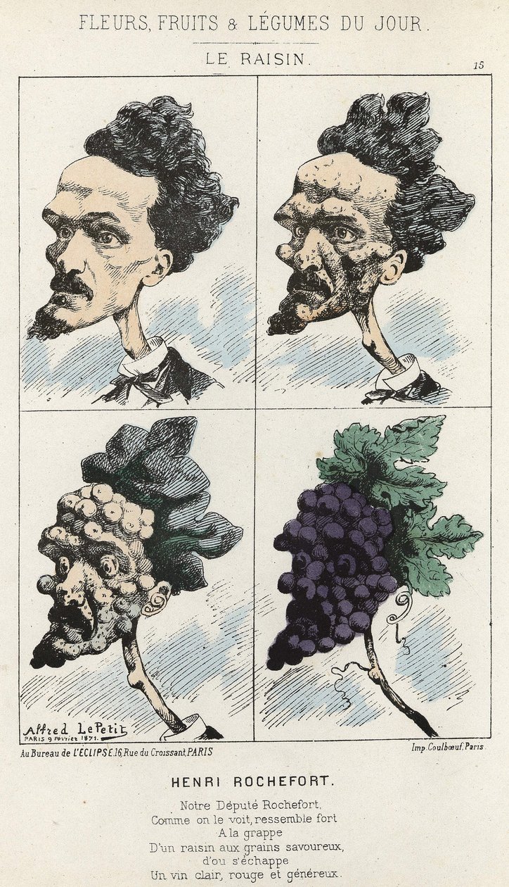 Le Raisin: Desenho animado sobre Henri Rochefort - doente. de 02/09/1871 em " Flores, Frutas e Legumes do Dia". de Alfred Le Petit