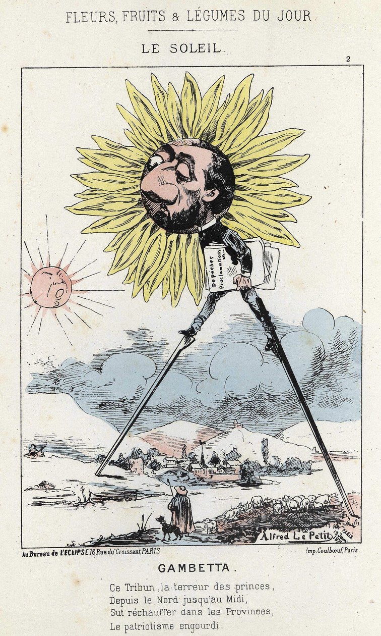 Le Soleil (girassol): caricatura em Gambetta (1838 - 1882) - doente de 12/01/1871 em "Flores, Frutas e Legumes do Dia". de Alfred Le Petit