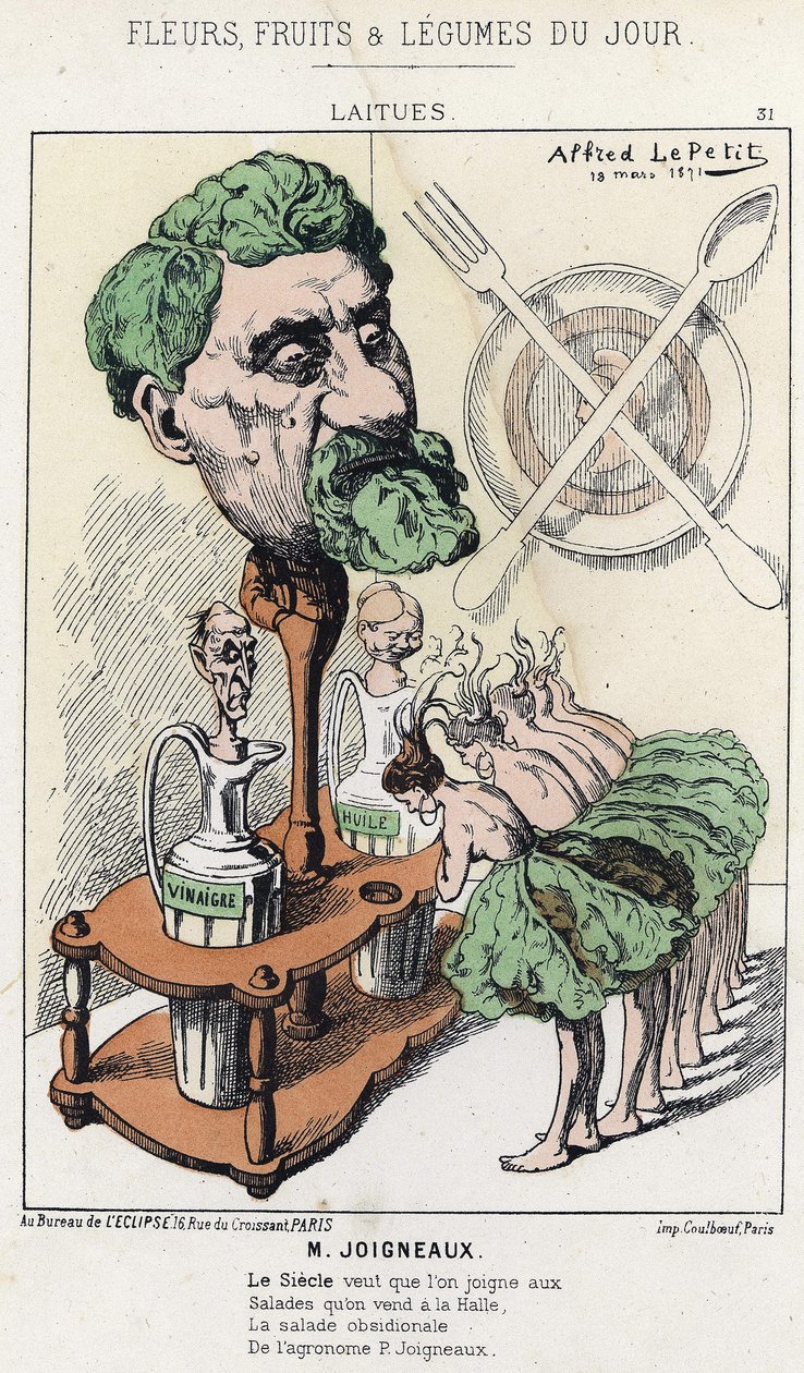 Alfaces: caricatura em Joigneaux - doente. de 18/03/1871, em "Flores, Frutas e Legumes du Jour". de Alfred Le Petit
