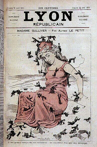 Madame Gulliver: Está na hora de me acordar: eles teriam me comido (Marianne de pé e homens do clero, em Lilliputians, tentando amarrá-la) - por Alfred Le Petitty, em "Lyon Républicain" de 25/04/1880 de Alfred Le Petit