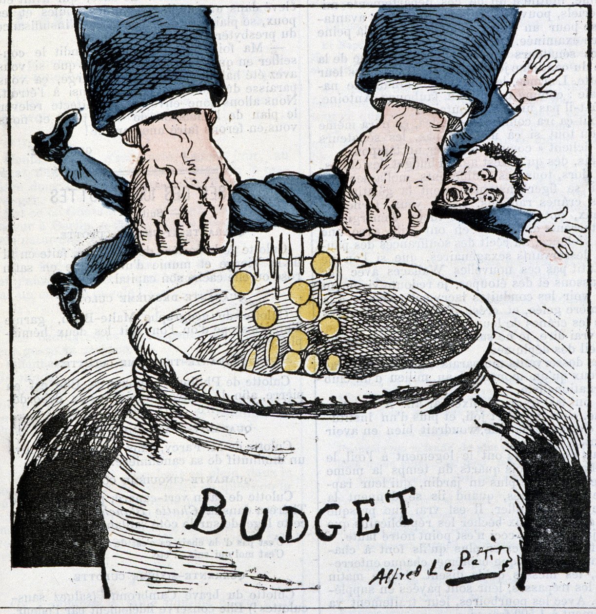 Pobre contribuinte, obrigado ao Império! : cartoon sobre impostos e orçamento - por A. Le Petitty, em "Le Sans-Culotte de Alfred Le Petit