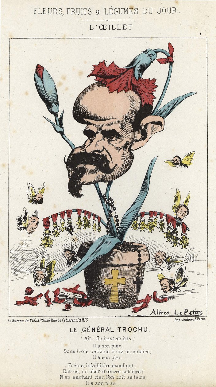 O cravo: Desenho animado sobre o General Louis Jules Trochu (1815 - 1896) - doente de 11/01/1871 em "Flores, Frutas e Legumes do Dia". de Alfred Le Petit