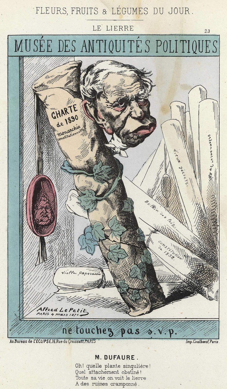 A Ivy: Desenho animado sobre Jules Armand (Jules-Armand) Dufaure (1798-1881) em hera envolvendo um rolo de papel com "Carta de 1830" escrito nele e um selo com a cabeça do Rei Luís Filipe 1. - de 04/03/1871 em "Flores, Frutas e Legumes do de Alfred Le Petit