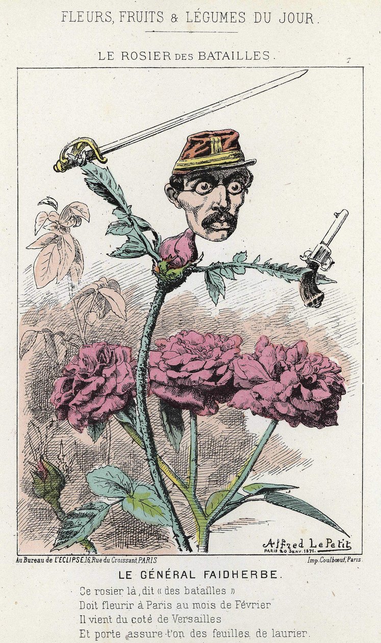 The Rosier des Battailles: cartoon sobre o General Faidherbes - doente de 20/01/1871 em "Flores, Frutas e Legumes do Dia". de Alfred Le Petit