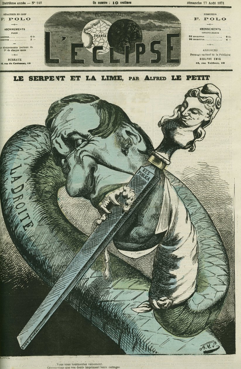 A cobra e a lima, a cobra-direita lima os seus dentes na República. Capa em "L