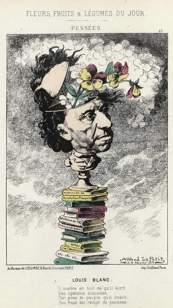 Pensamentos: Desenho animado sobre Louis Blanc - doente. de 02/04/1871 em "Flores, Frutas e Legumes do Dia". de Alfred Le Petit
