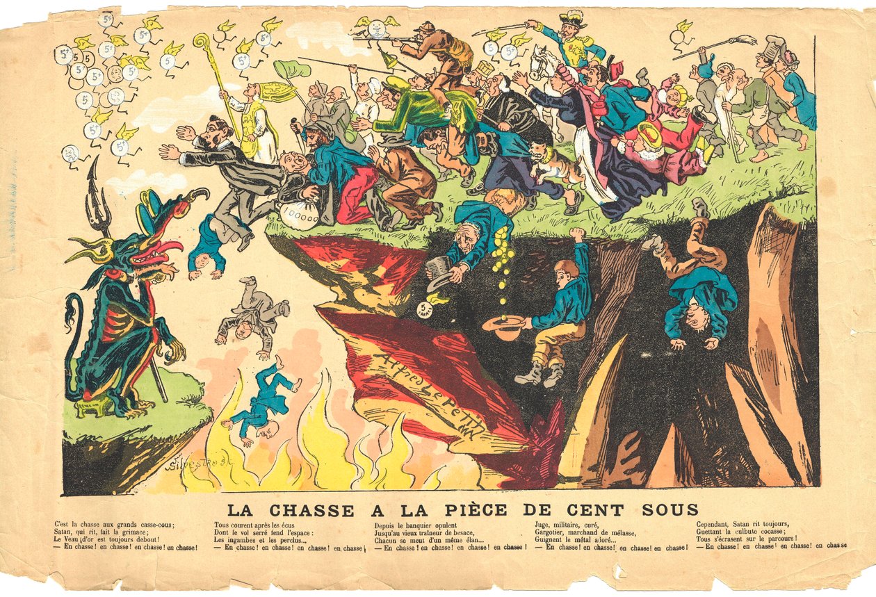 Folha voadora, Satirical in Colors, cerca de 1878: Caça a uma centena de sub peças - Prata - Diabo, Curas Ilustração de Alfred Le Pete (1841-1909) de Alfred Le Petit
