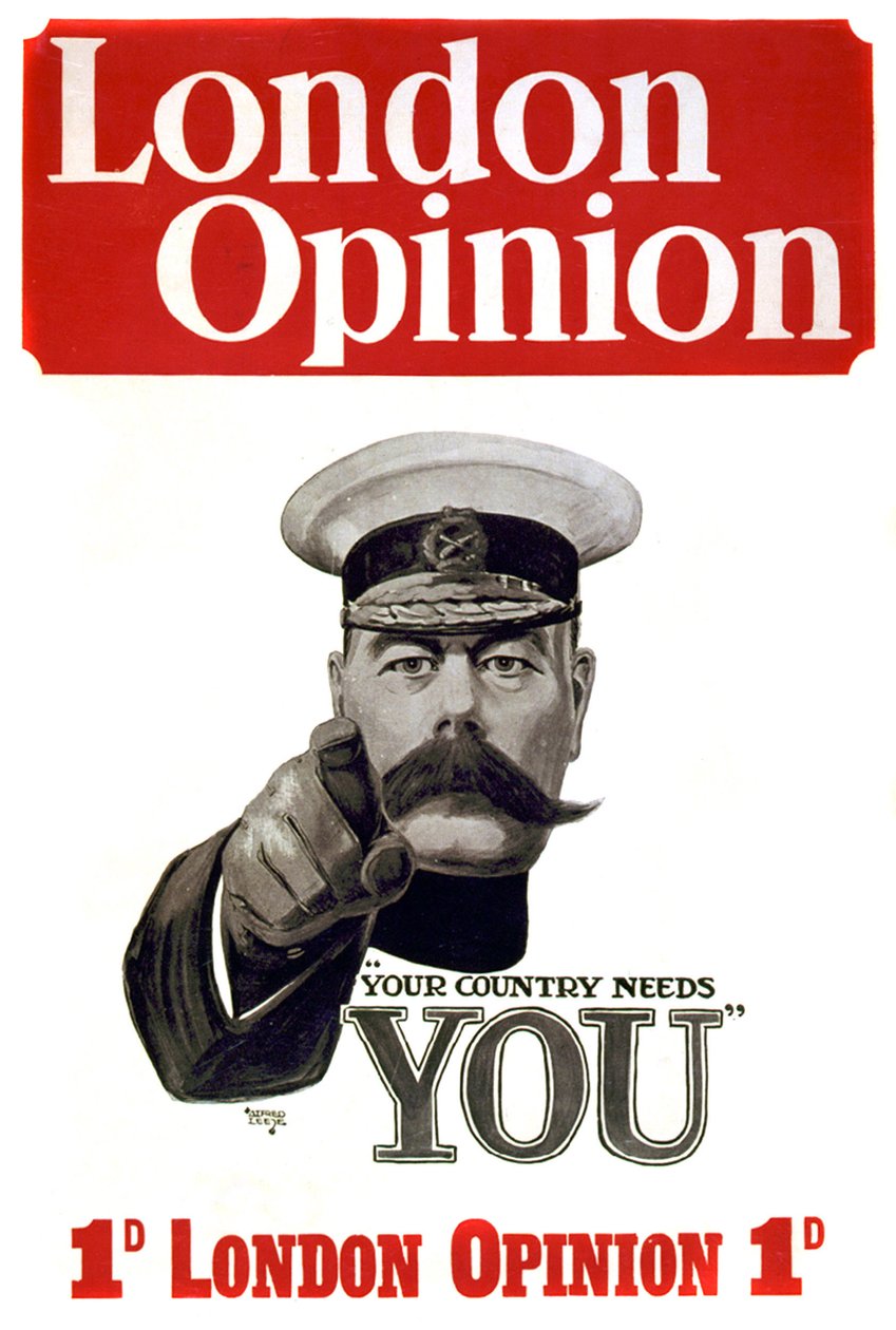 Primeira Guerra Mundial: cartaz para o recrutamento de soldados britânicos: Comandante Lord Horatio Herbert Kitchener de Cartum (1850-1916), soldado britânico e estadista apontando para potenciais militares "O país precisa de você" Desenho de Alfred Leete  de Alfred Leete