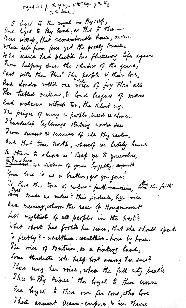 Manuscrito original do Epílogo aos &39;Idylls of the King&39;, endereçado à Rainha Vitória, 1872 de Alfred Lord Tennyson
