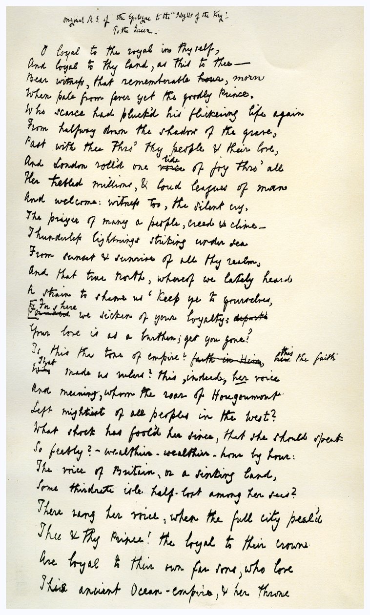 Manuscrito original do epílogo aos idílios do rei, c1872. de Alfred Lord Tennyson