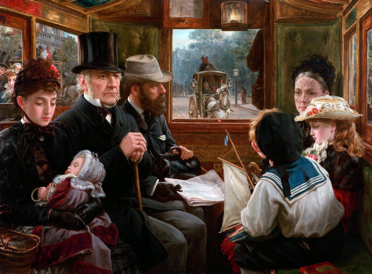 Um passeio de ônibus para Piccadilly Circus Mr Gladstone viajando com passageiros comuns, 1885. de Alfred Morgan