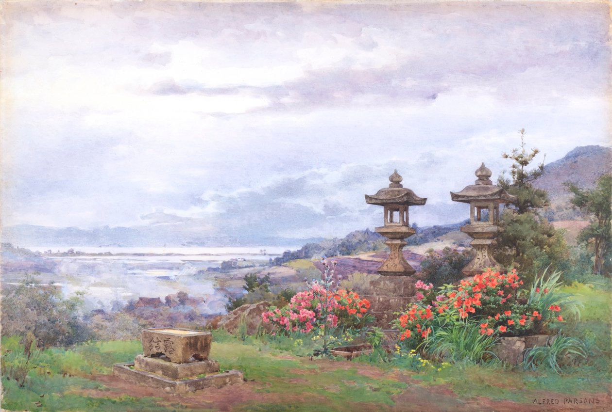 Pôr do sol sobre o Lago Biwa, a partir de Tennenji (aguarela) de Alfred Parsons