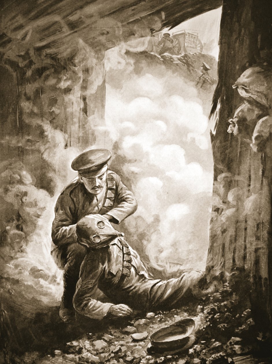 O Sargento-agente Raynes colocando seu capacete de fumaça no Sargento Ayres após a explosão de uma casca de gás (litho) de Alfred Pearse