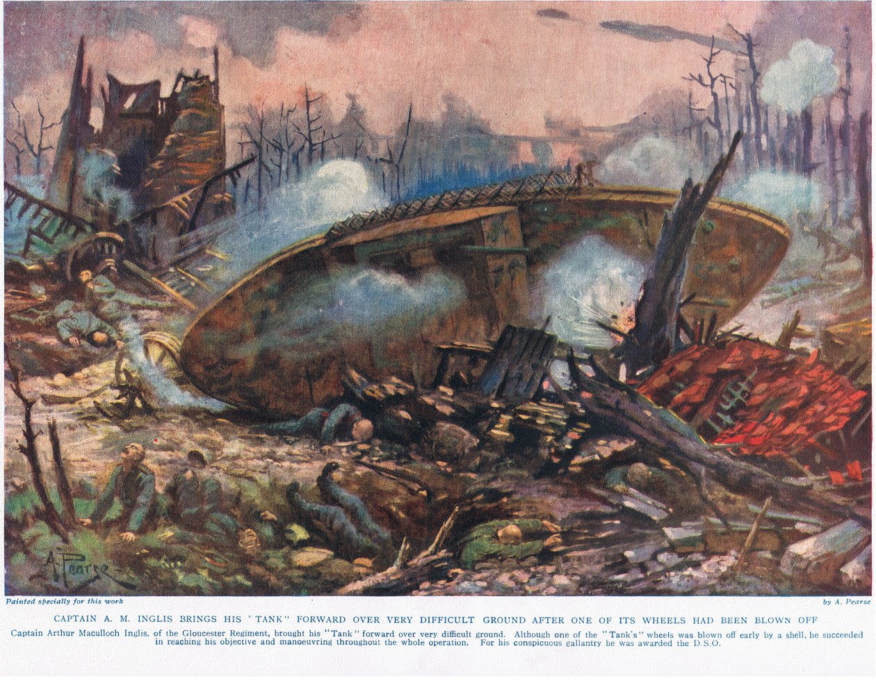 O Capitão AM Inglis leva seu tanque adiante em terreno muito difícil depois que uma de suas rodas foi arrancada, ilustração de "Deeds that Thrill the Empire", publicada pela Hutchinson und Co., c.1 de Alfred Pearse