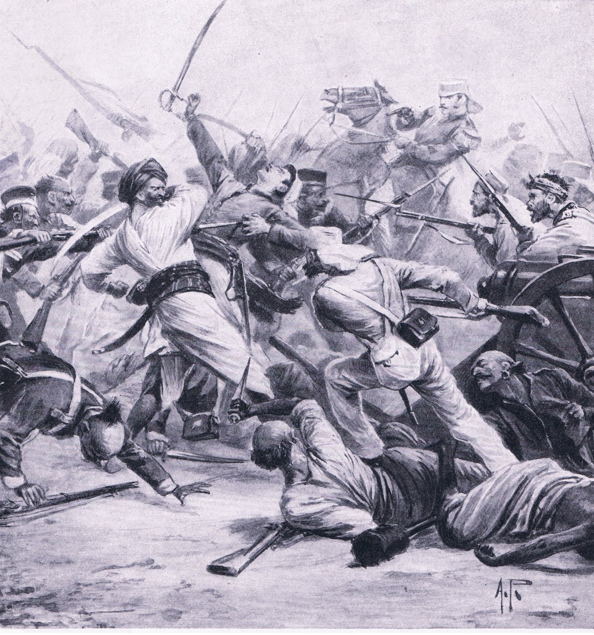 Nicholsons derrota dos rebeldes em Najafgarh, 2 de agosto de 1857, ilustração das Batalhas Britânicas na Terra e no Mar, 1915 de Alfred Pearse