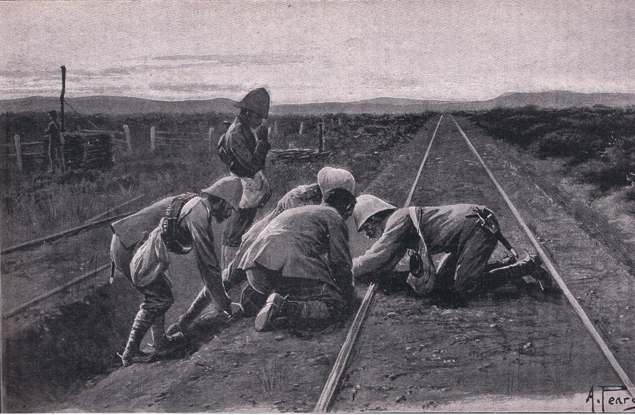Nossas tropas explodindo uma ferrovia militar ao norte de Bloemfontein (litho) de Alfred Pearse