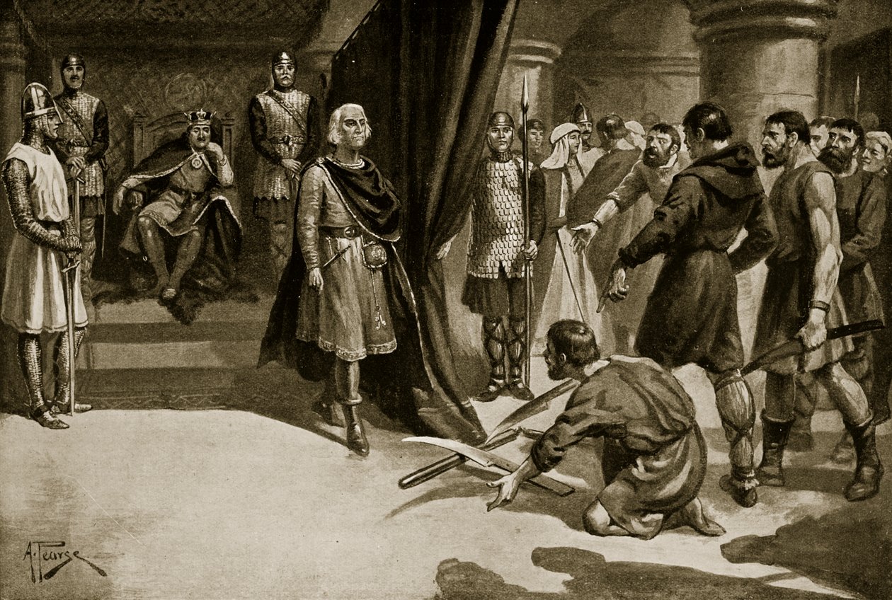 Camponeses atirando seus arados aos pés de Henrique I, ilustração de "Hutchinson