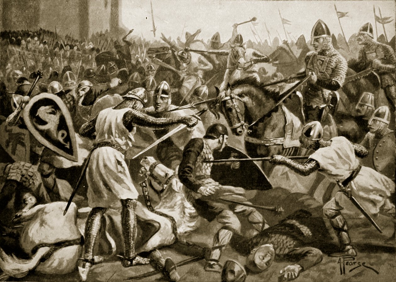 Robert feito prisioneiro em Tinchebral, 1106, ilustração da "Hutchinson&39;s Story ofthe British Nation", c.1920 de Alfred Pearse