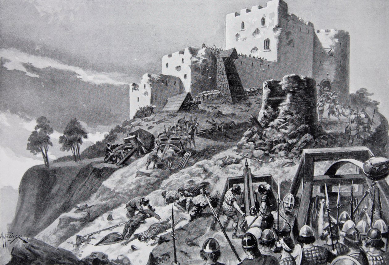 O ataque galês ao Castelo de Montgomery em 1095 liderado por Cadwgan ap Bleddyn, Príncipe de Powys, ilustração de 