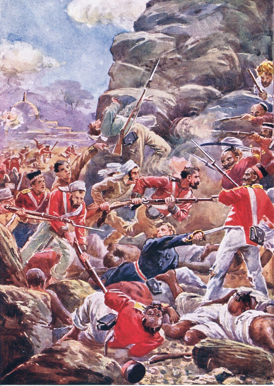 O cerco de Deli: Atacando a violação, ilustração das Batalhas Britânicas em Terra e Mar, 1915 de Alfred Pearse