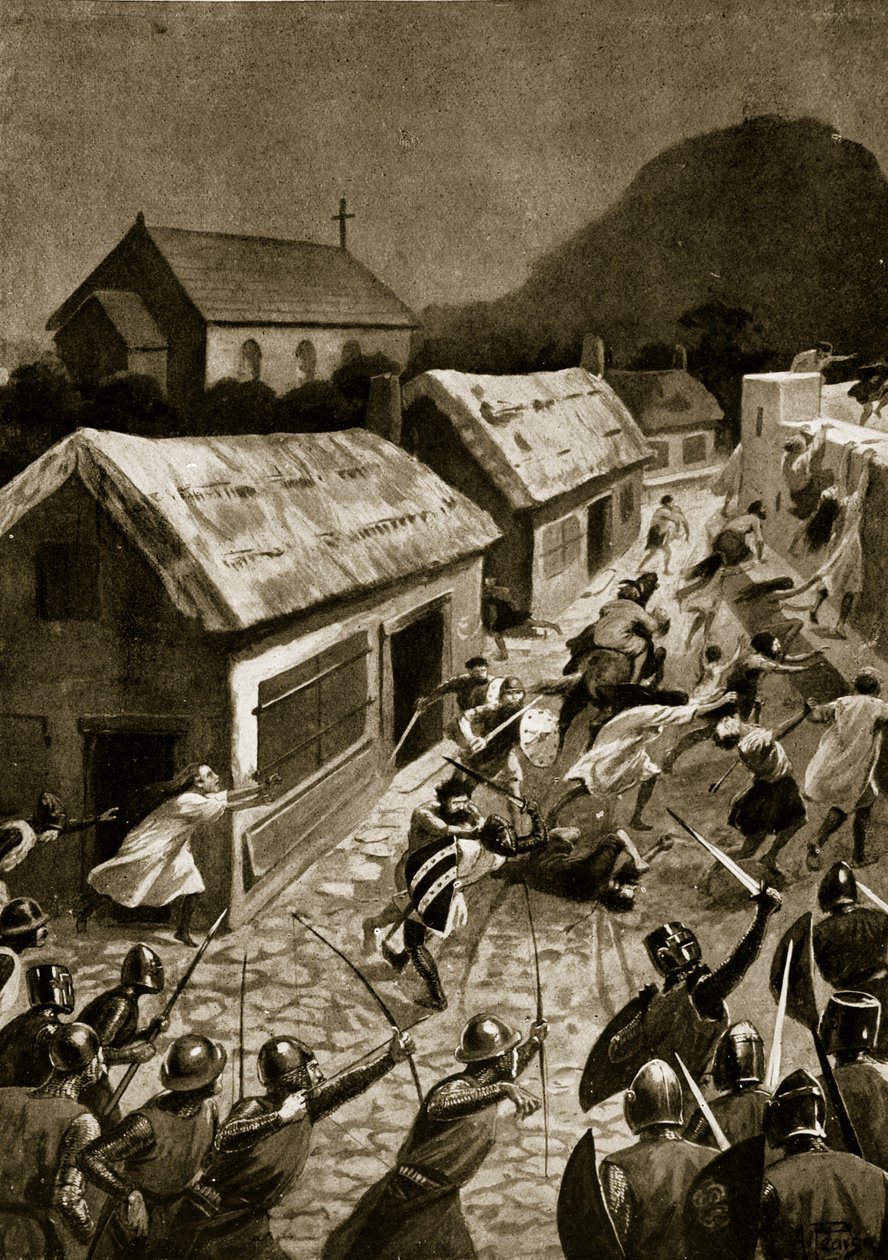 A invasão de Berwick pelos escoceses, em novembro de 1354, ilustração da "Hutchinson&39;s Story ofthe British Nation", c.1920 de Alfred Pearse