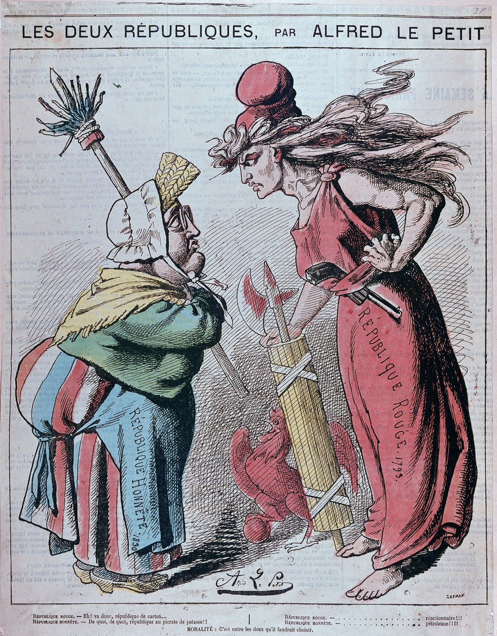Cartoon on the two Republics, "Republique Honnete (1830) and Republique rouge (1793)" de Alfred Le Petitty em "Le Grelot" 1872 de Alfred Petit