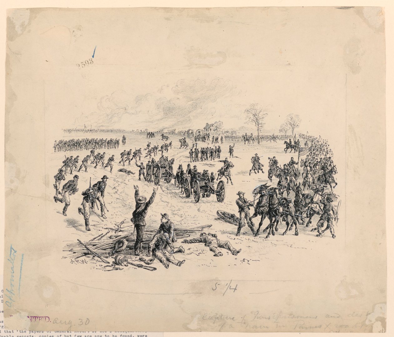 Captura de armas e destruição de um trem de vagão confederado de Alfred R. Waud