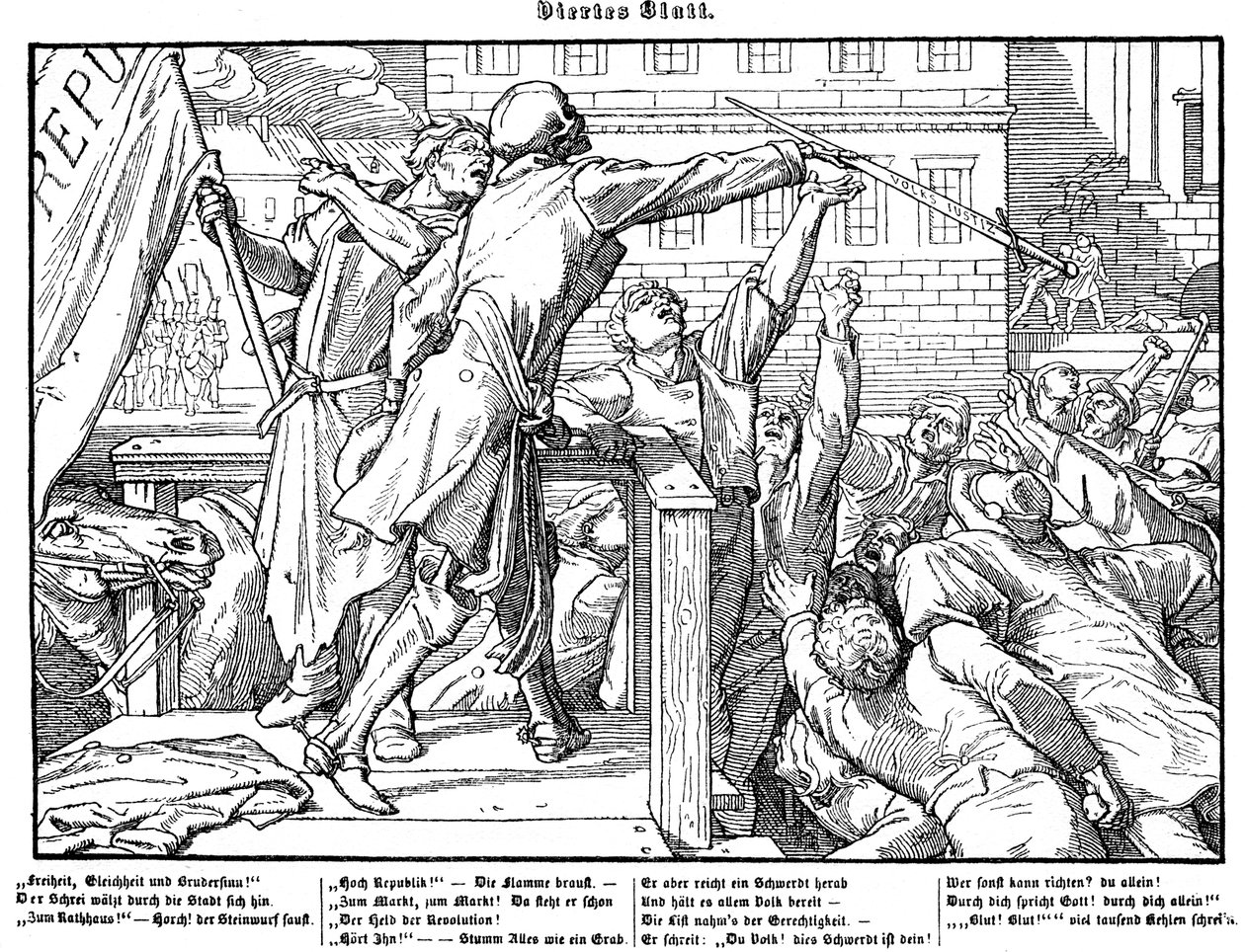 Totentanz 1848: A morte oferece a espada da Justiça de Alfred Rethel